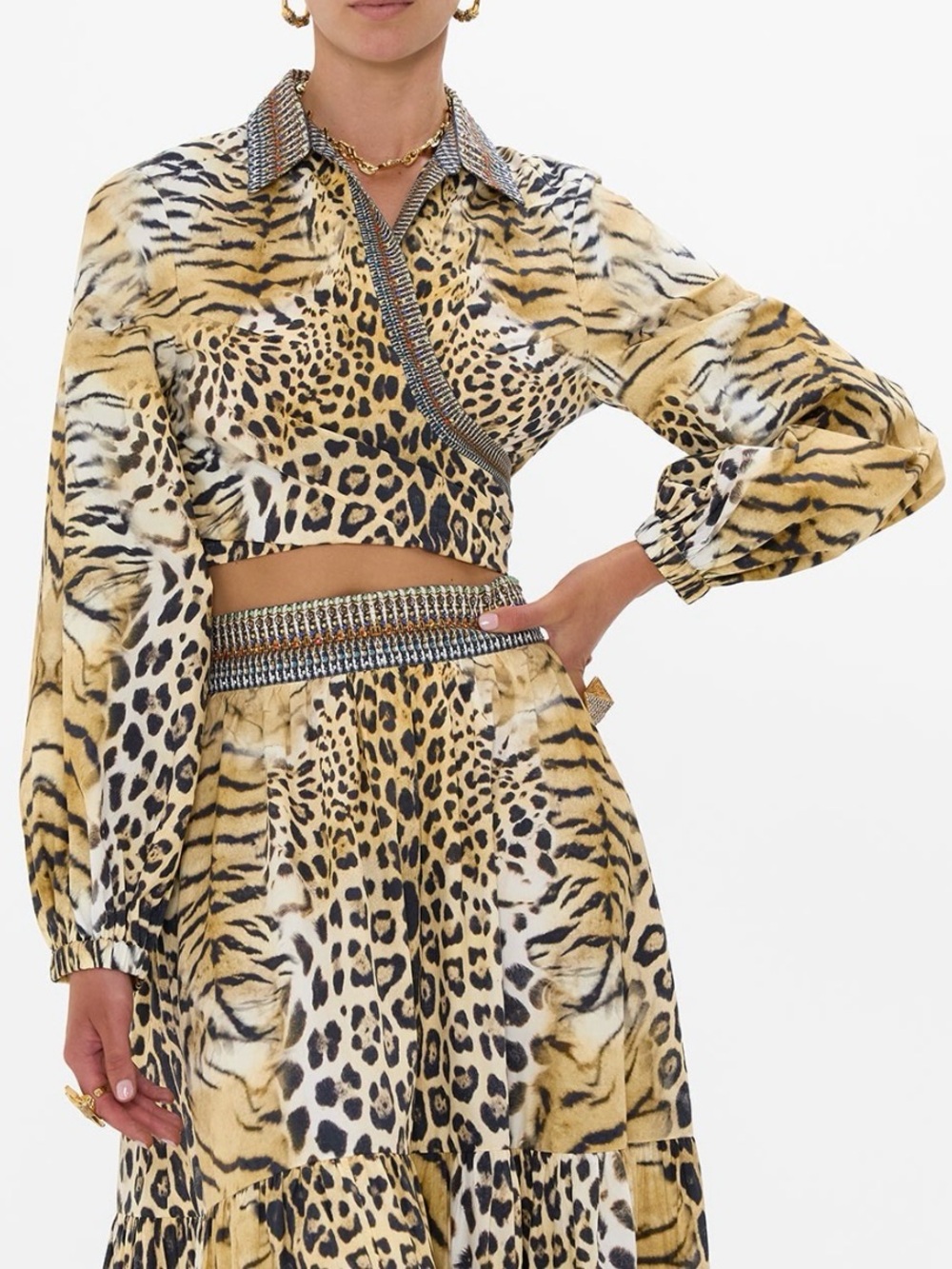 Camilla Yellow and Black Animal Print Cropped Wrap Blouse